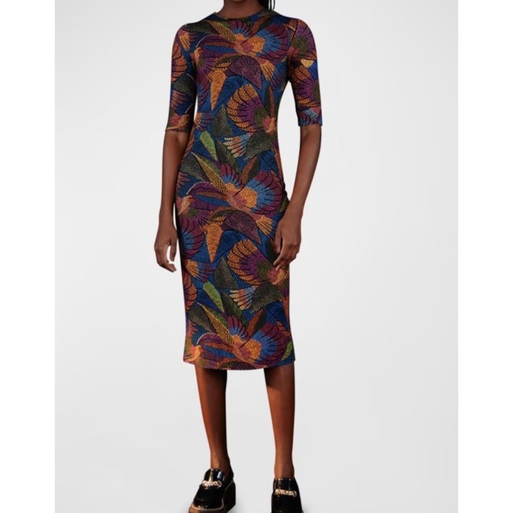 Farm Rio Women's Colorful Botanical Print 3/4 Sleeve Midi Dress Sz M - Picture 1 of 10